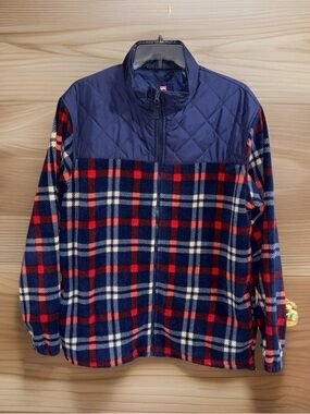 NwoT Chaps Men’s Navy, Red & White Plaid Quilted Yoke Fleece Jacket-M